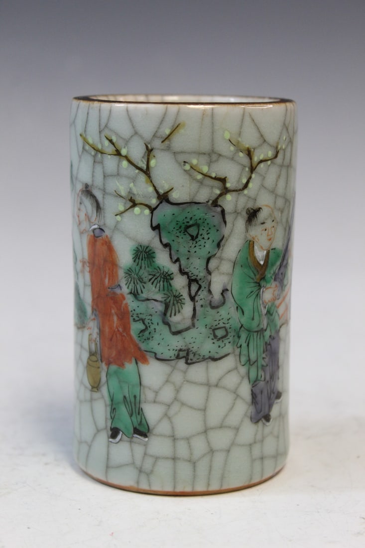 Chinese Celadon Crackle Glaze Famille Rose Porcelain Brush Pot (1 of 6)