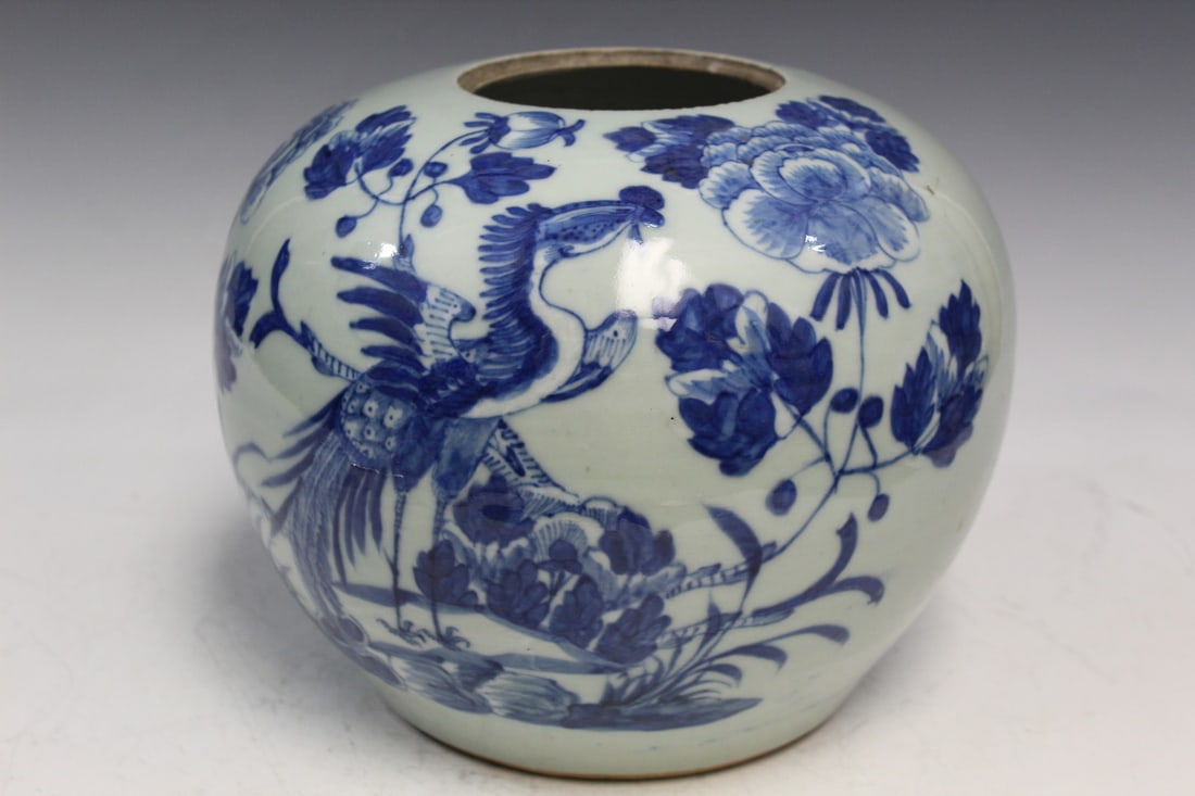 Chinese Celadon Glaze Blue and White Porcelain Jar: Chinese Celadon Glaze Blue and White Porcelain Jar. Diam 23 cm