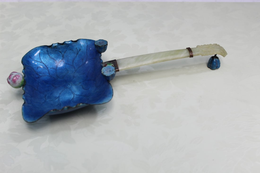 Chinese Enameled Lotus Leaf Dish with Jade Handle (1 of 5)