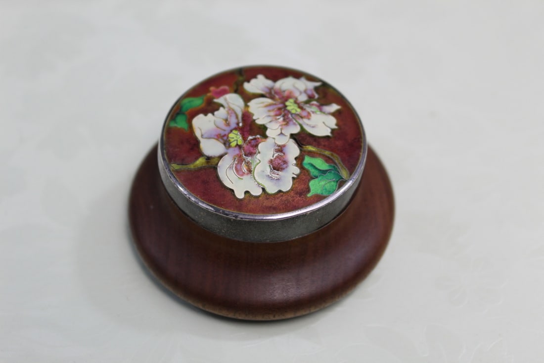 Wood Pill Box with Enameled Silver Lid (1 of 5)