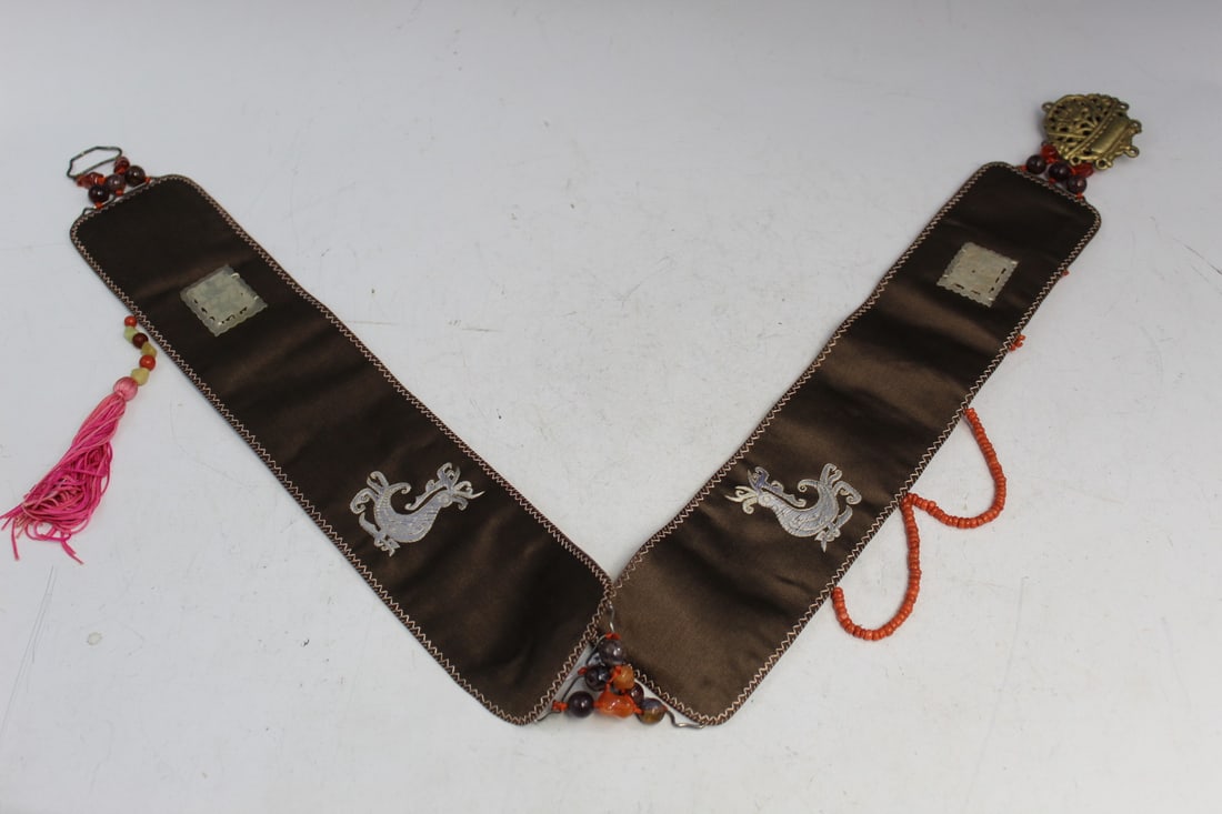 Chinese Silk Embroidery Belt with Jade, Red Coral and Agate Beads Decorations.: Chinese Silk Embroidery Belt with Jade, Red Coral and Agate Beads Decorations.. L 88 cm.