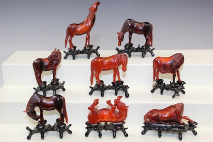 Set of Eight Chinese Carved Ox-Horn Horse Miniature Statues