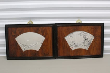 Two framed fan shaped porcelain panels
