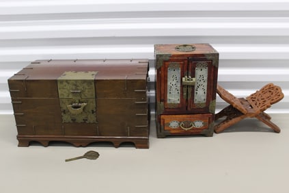 Two Asian Jewelry boxes and one wood stand