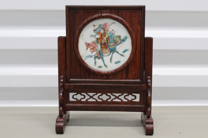 Framed Chinese famille rose porcelain plaque with wood stand.