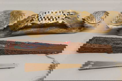 Chinese carved soapstone Ruyi and two fans