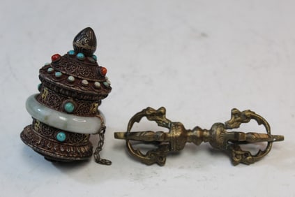 Tibetan Silver and Jade Prayer Wheel and a Bronze Dorje