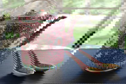 Chinese famille rose porcelain teapot and two spoons