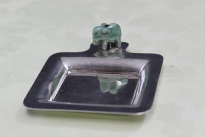 Silver Tray with Carved Chinese Jadeite Elephant