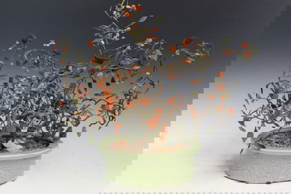 Chinese Red Coral and Jade Bonsai Tree in a Celadon Glaze Porcelain Planter