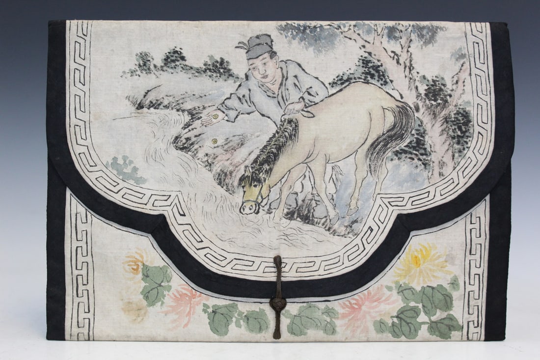 Chinese Watercolor and Ink Painting on Cloth Handbag.: Chinese Watercolor and Ink Painting on Cloth Handbag.. 33x23.5 cm. Provenance: A prominent diplomat, author, taphophile, scholar of architecture (particularly Shanghai Art Deco) and WW2 fascist histor