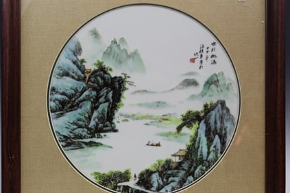 Framed Chinese Porcelain Plaque of Mountain Scene