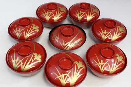 Eight Sets of Japanese Red Lacquer Covered Bowls