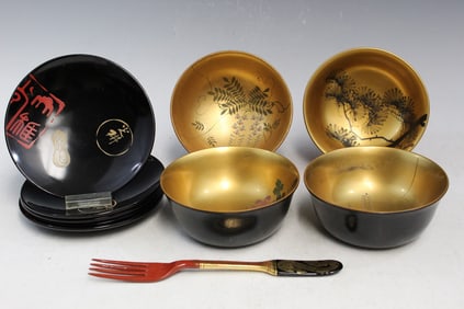 Japanese Black, Red and Gold Lacquer Bowls and Saucers