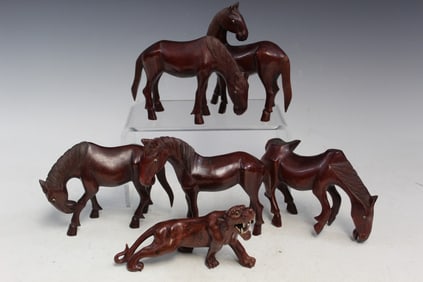 Five Chinese Wood Horse Figures