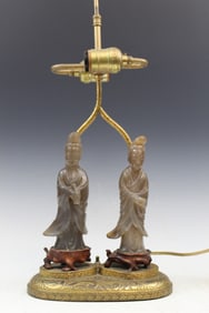 Chinese Carved Agate Double Guanyin Statues Lamp