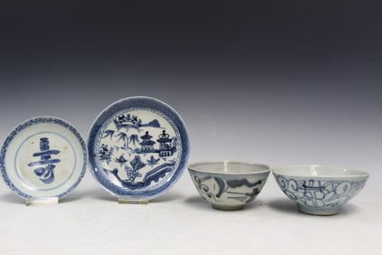 Four Chinese Blue and White Porcelain Dishes and Bowls