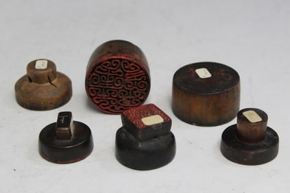 Six Antique Chinese Carved Wood Seals