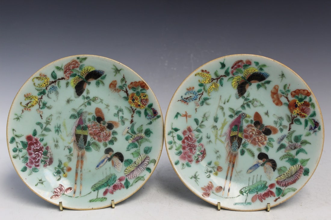 Pair of Chinese Celadon Glazed Famille Rose Porcelain Dishes (1 of 8)