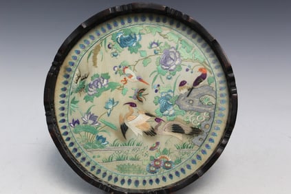Chinese Embroidery in Wood Frame Tea Tray