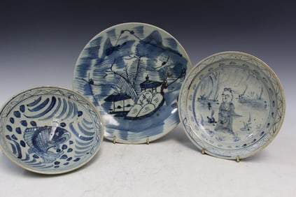 Two Chinese Blue and White Porcelain Dishes and a Bowl