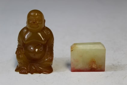 Chinese bakelite buddha and carved jade seal