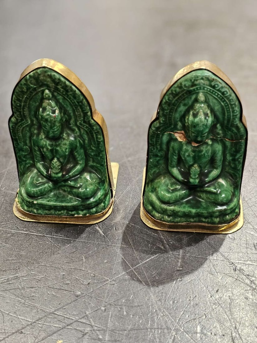 Chinese green glazed pottery bookends. (1 of 4)
