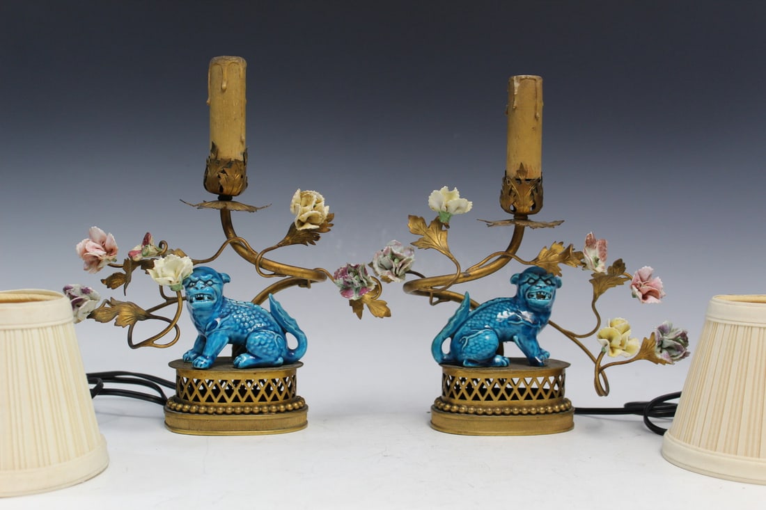 Pair of Chinese Turquoise Glazed Foo Dog Porcelain Figure Lamps. (1 of 7)
