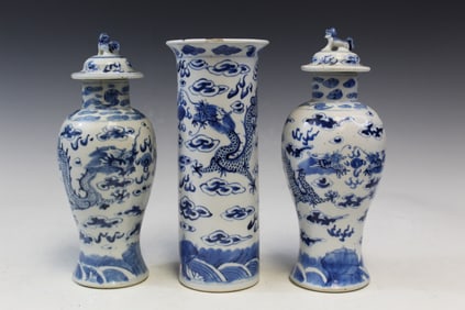 Three Chinese Blue and White Porcelain Vases