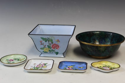 Group of Chinese Enameled and Cloisonne Dishes and Bowls.
