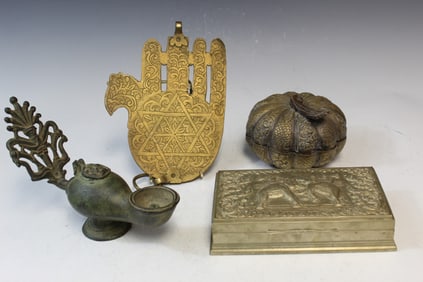 Asian Metal Boxes, Bronze Oil Lamp, Jewish Hamsa Brass Amulet