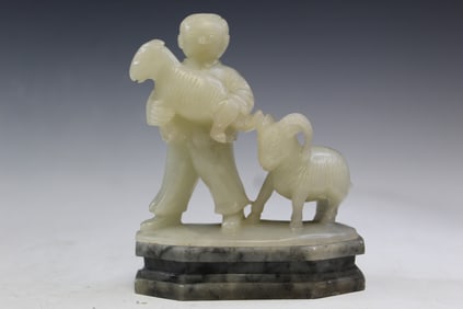 Chinese Carved Soapstone Statue of a Boy Holding a Ram.
