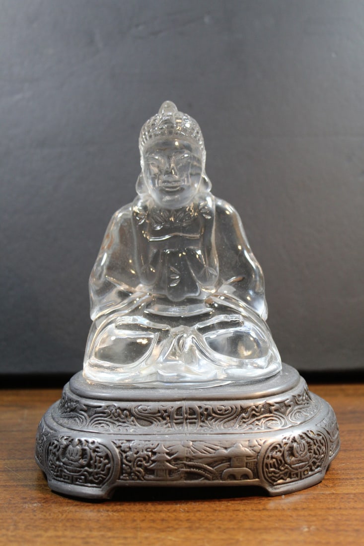 Chinese Glass Guanyin on Metal Stand: Chinese Glass Guanyin on Metal Stand. H 18 cm with stand.
