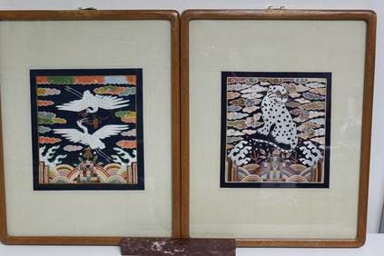 Two Korean Embroidery Court Badges, framed.