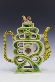 Letter "Shou" Shaped Chinese Sancai Porcelain Teapot