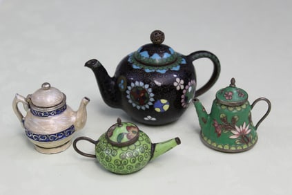 Four Asian Cloisonne Miniature Teapots