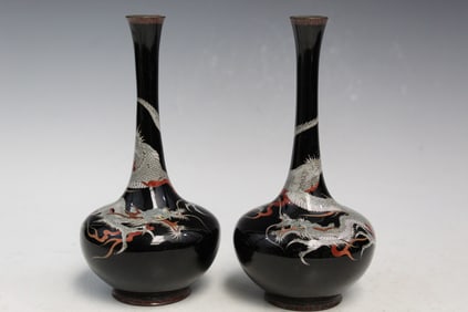 Pair of Japanese Cloisonne Dragon Vases