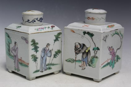 Two Chinese Famille Rose Porcelain Tea Caddies