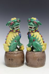 Pair of Chinese Wucai Porcelain Foo Dog Statues