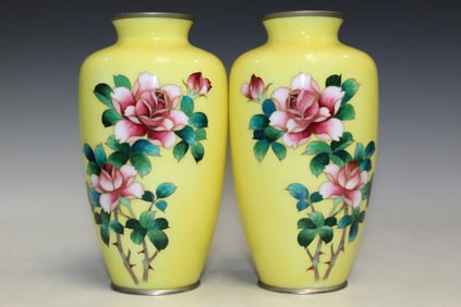 Pair of Japanese Yellow Cloisonne Vases