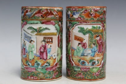 Pair of Chinese Rose Medallion Porcelain Brush Pots