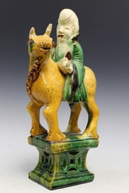 Chinese Sancai Porcelain Statue of Shoulao Riding a Deer