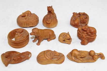 Ten Japanese Carved Wood Netsukes