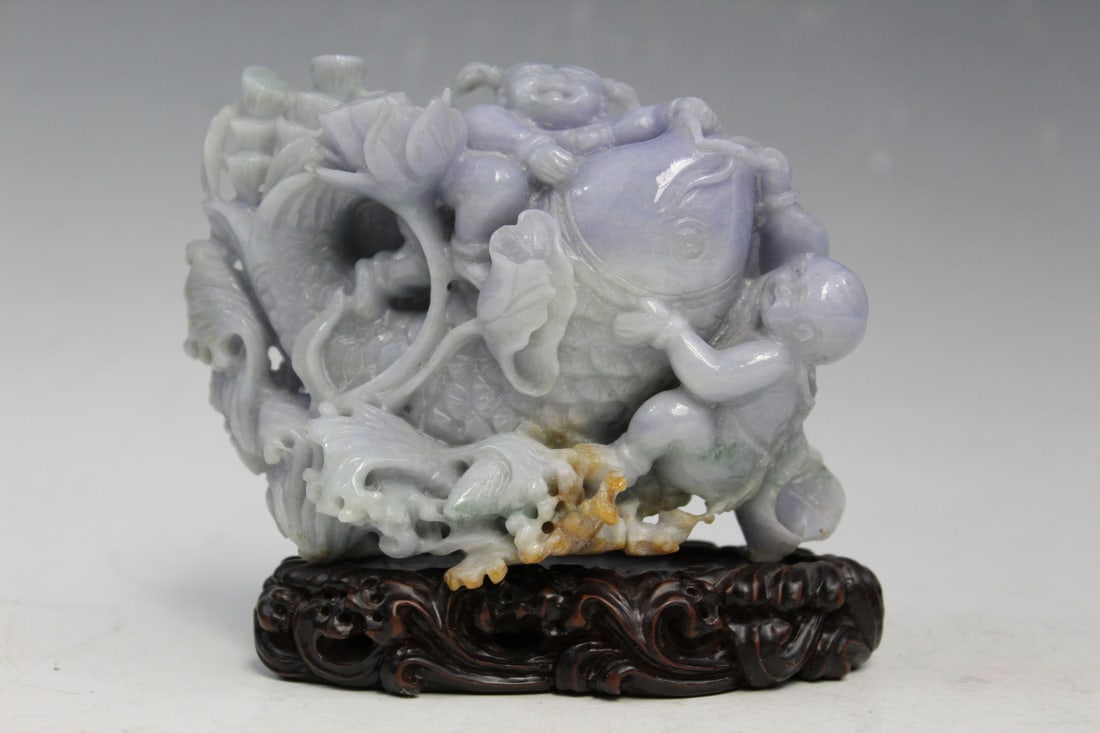 Chinese Carved Jadeite of a Fish on Wood Stand. (1 of 6)