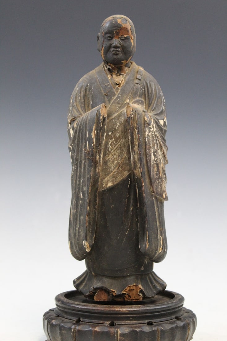 Antique Japanese Wood Figure of a Monk: Antique Japanese Wood Figure of a Monk. H 25 cm. As Is.
