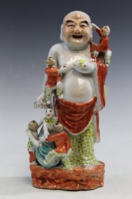 Chinese Famille Rose Porcelain Statue of Laughing Buddha with Children