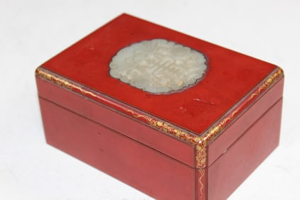 Chinese Red Lacquered Box with Jade Plaque Inlay on the Cover.