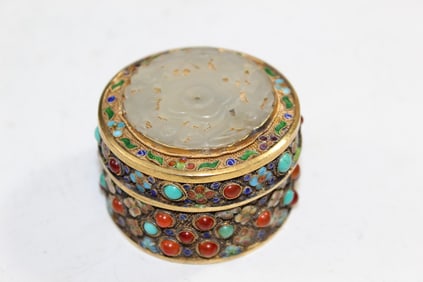 Chinese Metal Box with Jade Turquoise and Agate Inlay
