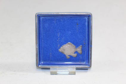 Sven Jonson Blue Glazed Small Square Dish with Silver Fish Decoration.