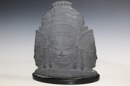 Southeast Asian Carved Stone Buddha Head on Wood Stand